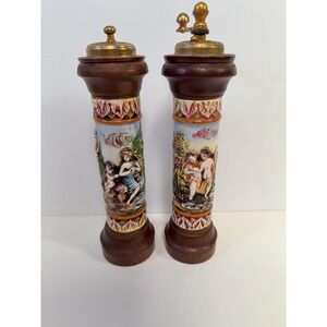 Vintage Italian Ceramic and Wood Figural Pepper Mill Set